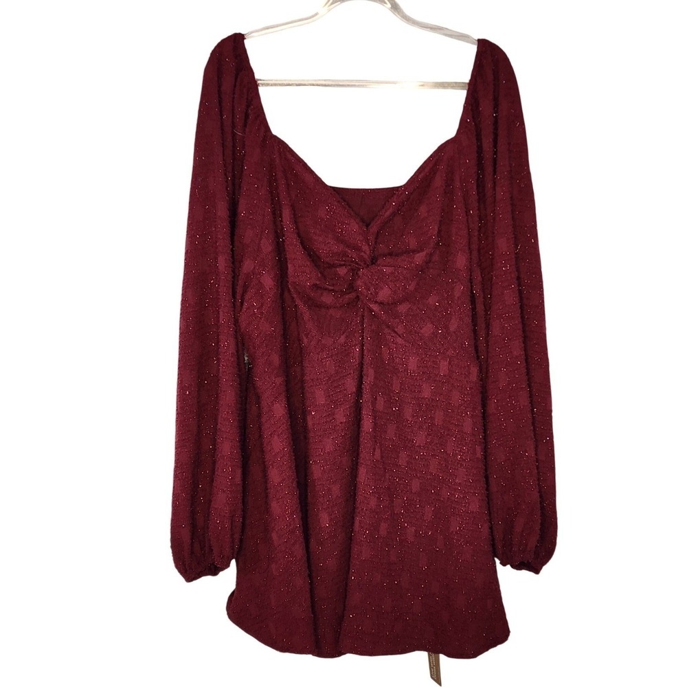 BloomChic Twist Front Shimmer Blouse 18/20 Burgundy Red Holiday Party Sparkle